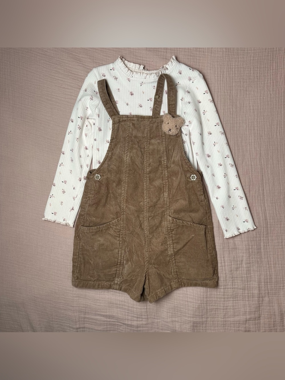 Next Girls 4-5Y Corduroy Short Overalls & Floral Top 2-Piece Outfit